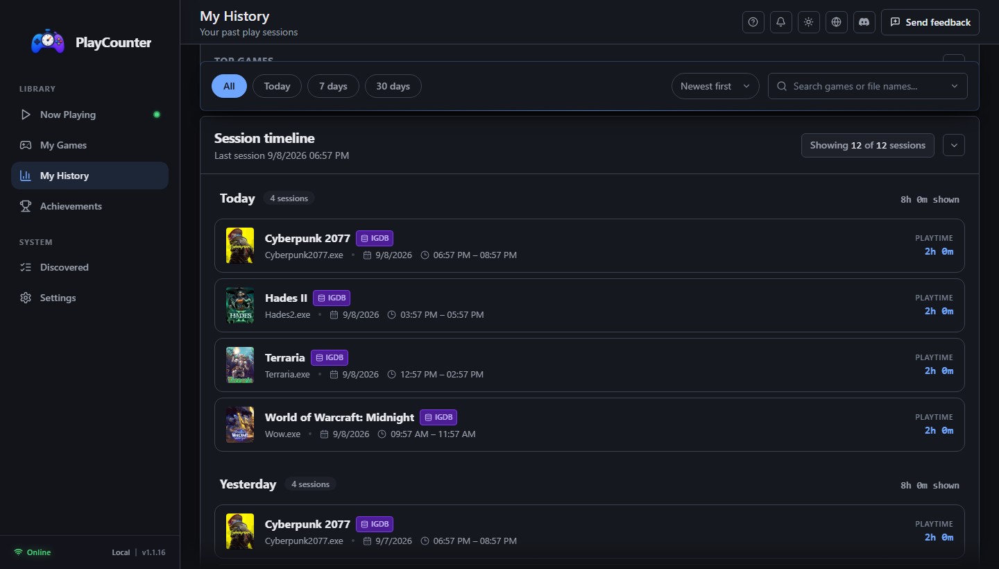 PlayCounter My History showing recorded game sessions with their start times and durations