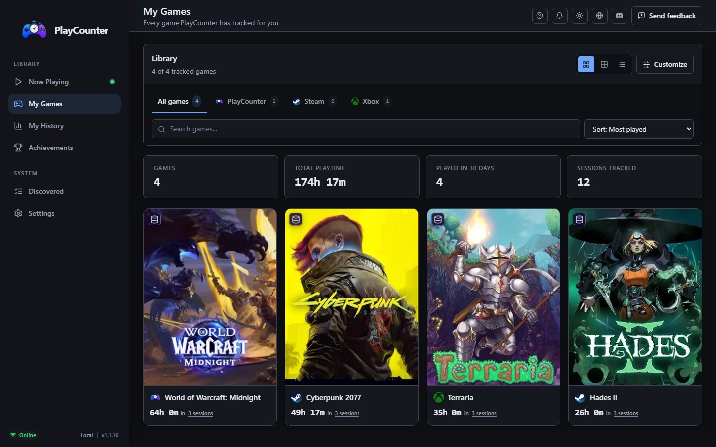 PlayCounter My Games with game covers, playtime totals and Steam and Xbox tabs