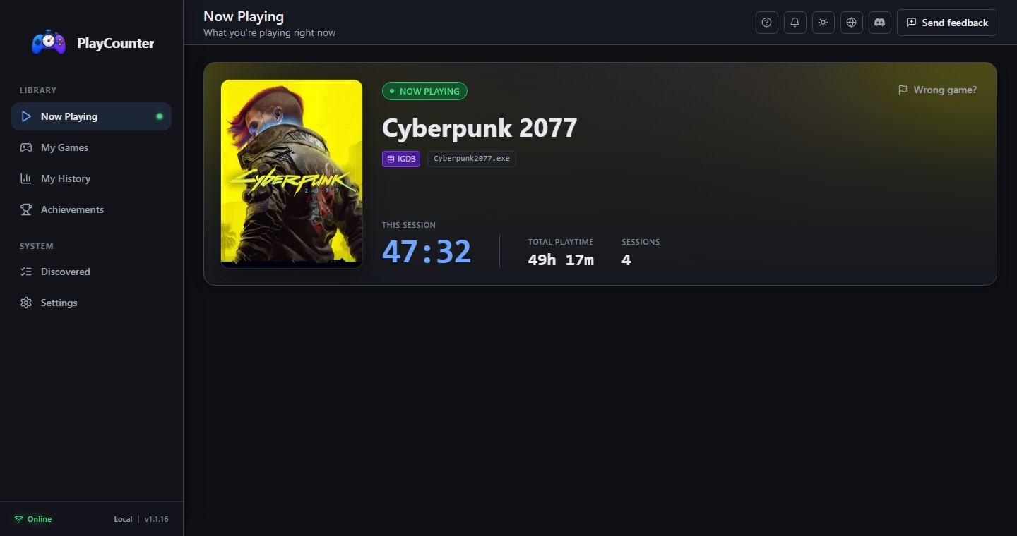 PlayCounter Now Playing with an automatic session timer and total hours for Cyberpunk 2077
