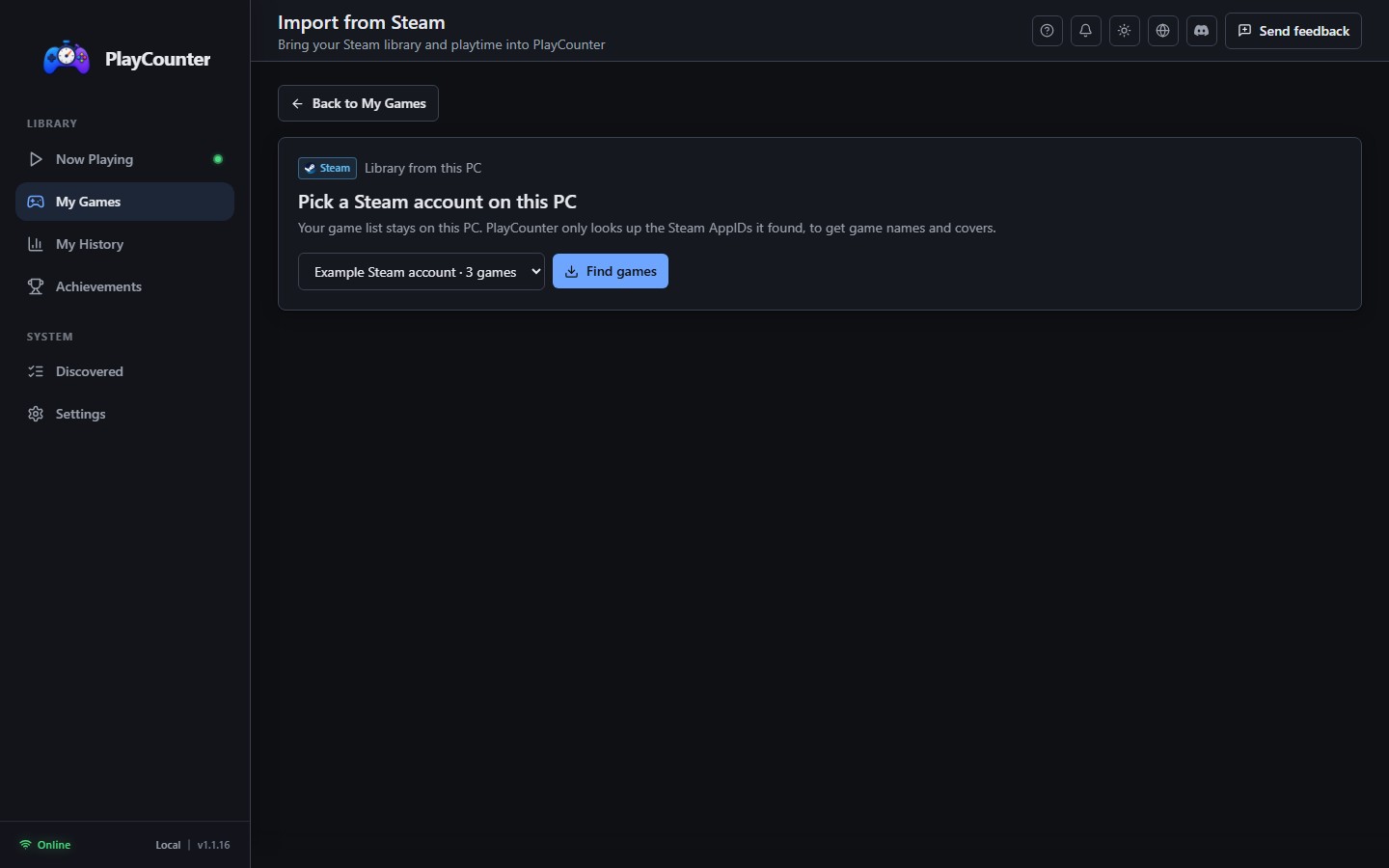 PlayCounter Steam import with a local account selector and Find games button